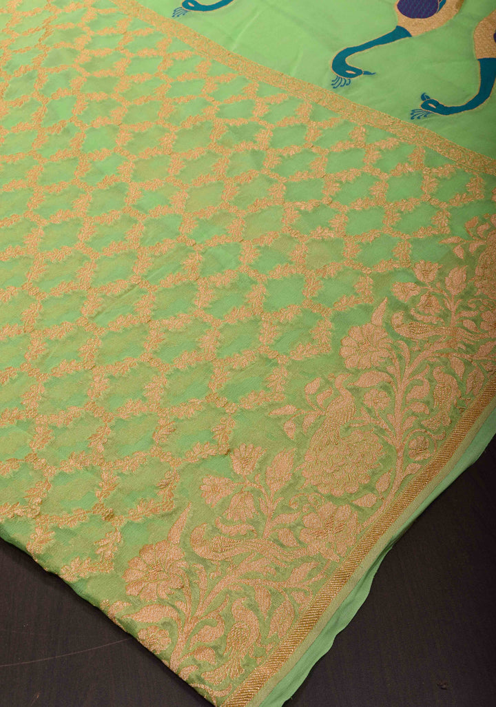 Green Banarasi Silk Georgette Saree with Jaal Zari and Resplendent Peacock Meenakari Pallu | SILK MARK CERTIFIED