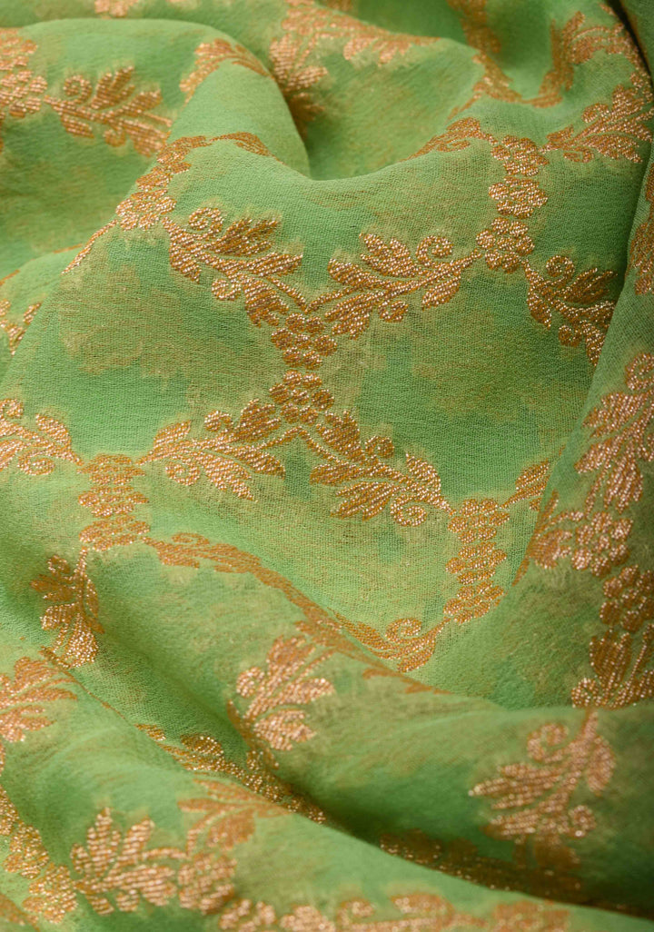 Green Banarasi Silk Georgette Saree with Jaal Zari and Resplendent Peacock Meenakari Pallu | SILK MARK CERTIFIED