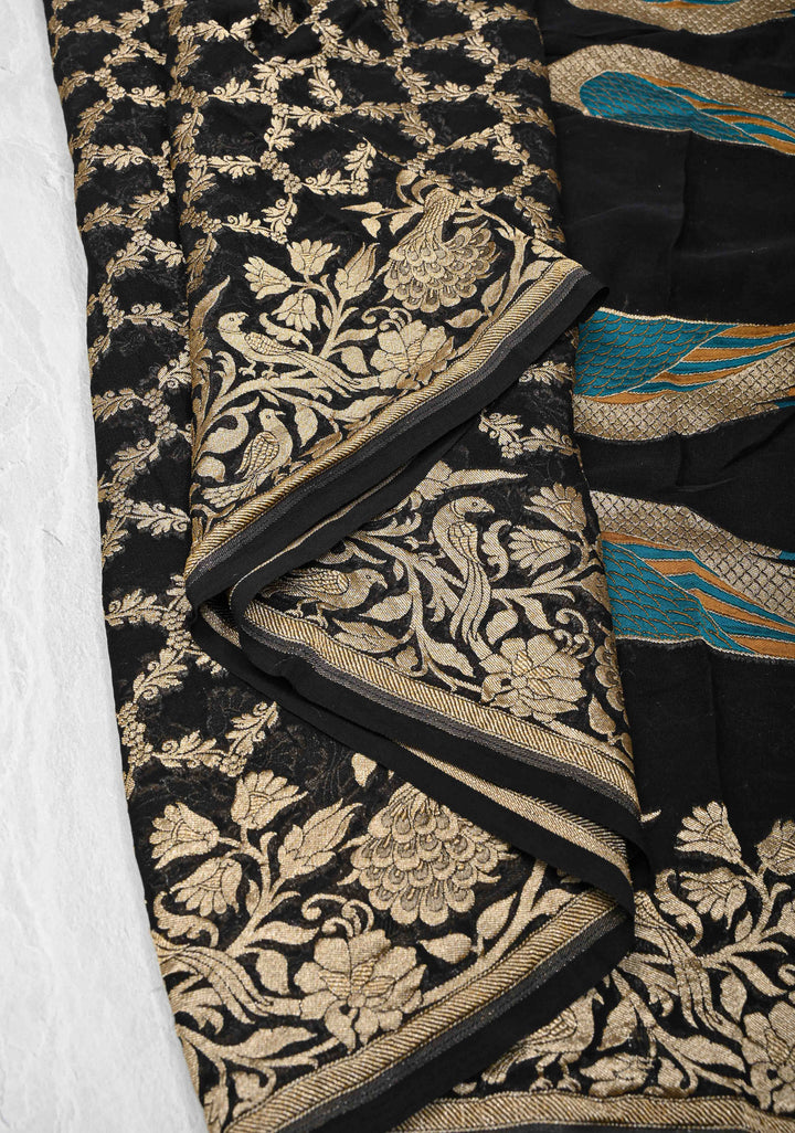 Black Banarasi Georgette Silk Saree with Zari Jaal and Resplendent Peacock Meenakari Pallu | SILK MARK CERTIFIED