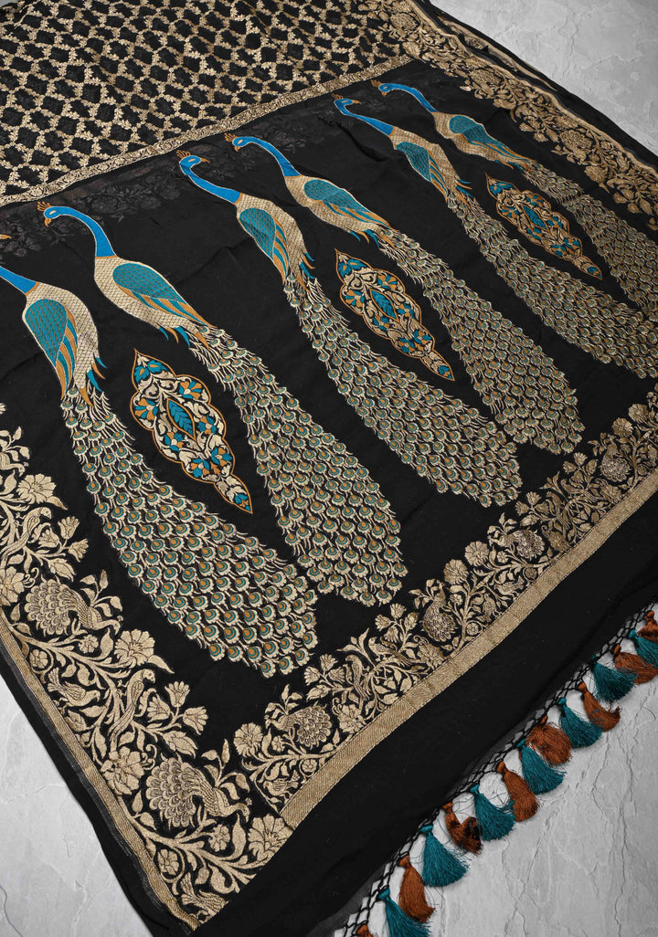 Black Banarasi Georgette Silk Saree with Zari Jaal and Resplendent Peacock Meenakari Pallu | SILK MARK CERTIFIED