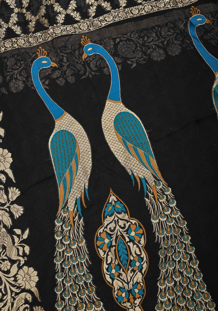 Black Banarasi Georgette Silk Saree with Zari Jaal and Resplendent Peacock Meenakari Pallu | SILK MARK CERTIFIED