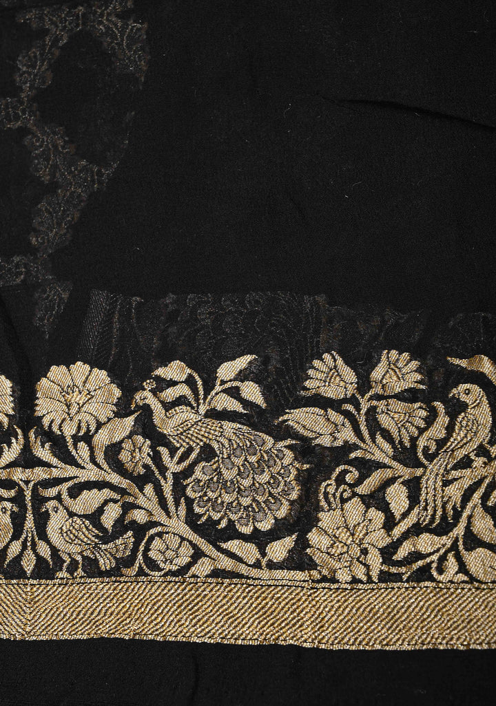 Black Banarasi Georgette Silk Saree with Zari Jaal and Resplendent Peacock Meenakari Pallu | SILK MARK CERTIFIED