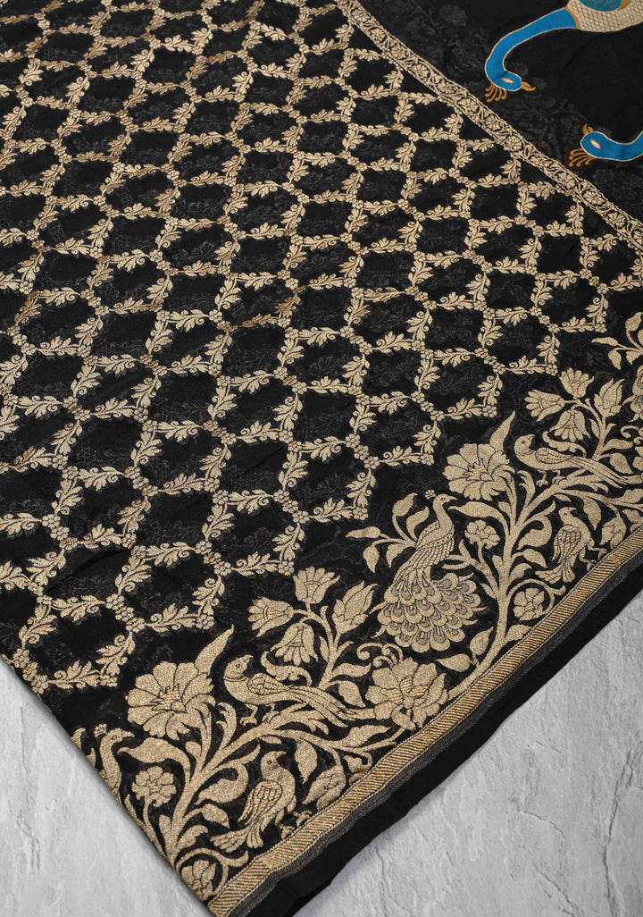 Black Banarasi Georgette Silk Saree with Zari Jaal and Resplendent Peacock Meenakari Pallu | SILK MARK CERTIFIED