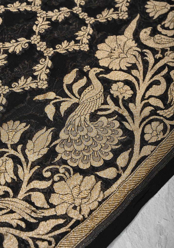 Black Banarasi Georgette Silk Saree with Zari Jaal and Resplendent Peacock Meenakari Pallu | SILK MARK CERTIFIED