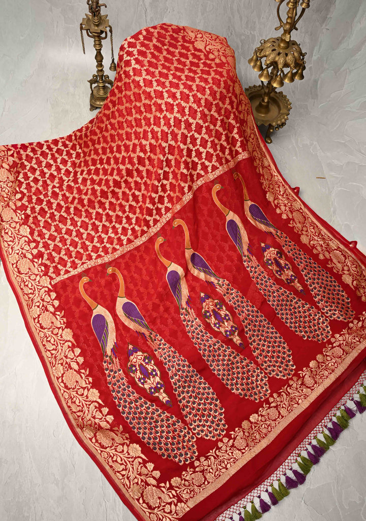 Teal Blue Banarasi Georgette Silk Saree with Zari Jaal and Resplendent Peacock Meenakari Pallu | SILK MARK CERTIFIED (Copy)