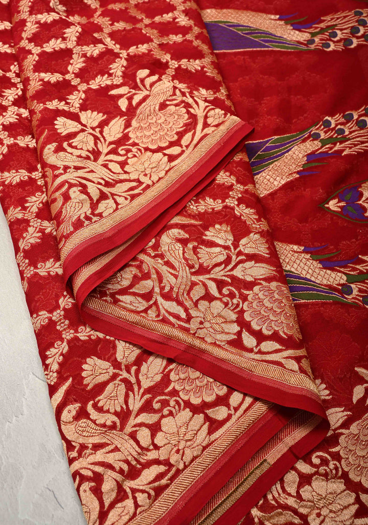 Teal Blue Banarasi Georgette Silk Saree with Zari Jaal and Resplendent Peacock Meenakari Pallu | SILK MARK CERTIFIED (Copy)