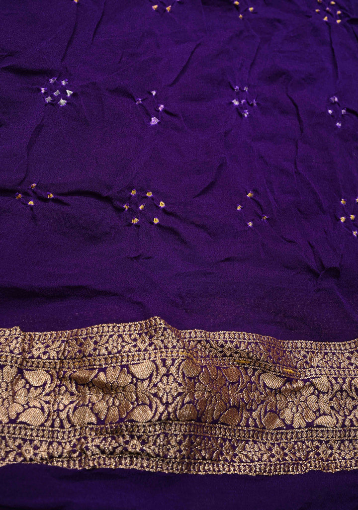 Authentic Rainbow Hand Bandhej Banarasi Jaal Silk Georgette Saree with Purple Zari Border | SILK MARK CERTIFIED