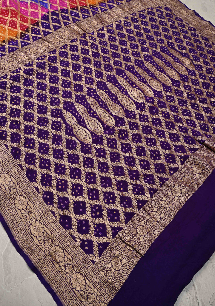 Authentic Rainbow Hand Bandhej Banarasi Jaal Silk Georgette Saree with Purple Zari Border | SILK MARK CERTIFIED