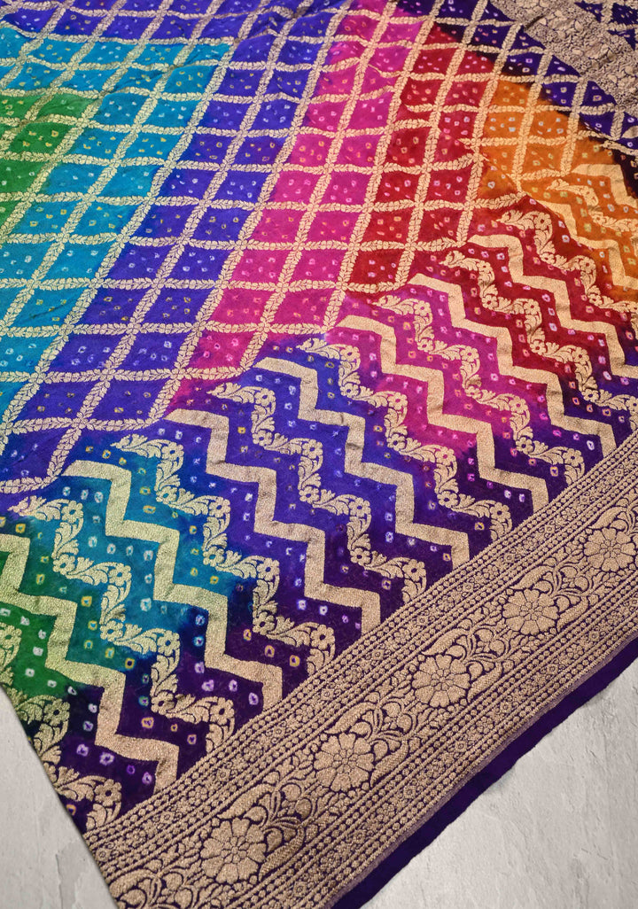 Authentic Rainbow Hand Bandhej Banarasi Jaal Silk Georgette Saree with Purple Zari Border | SILK MARK CERTIFIED