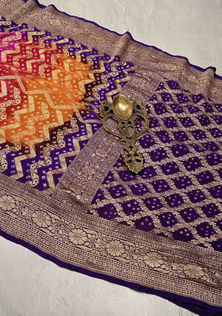 Authentic Rainbow Hand Bandhej Banarasi Jaal Silk Georgette Saree with Purple Zari Border | SILK MARK CERTIFIED