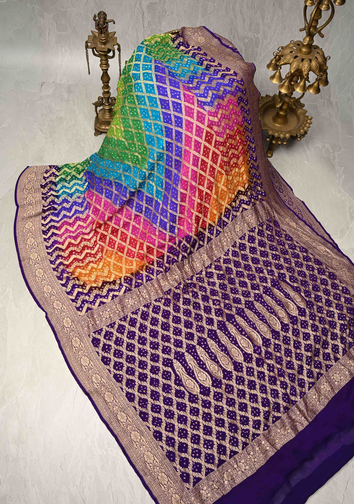 Authentic Rainbow Hand Bandhej Banarasi Jaal Silk Georgette Saree with Purple Zari Border | SILK MARK CERTIFIED