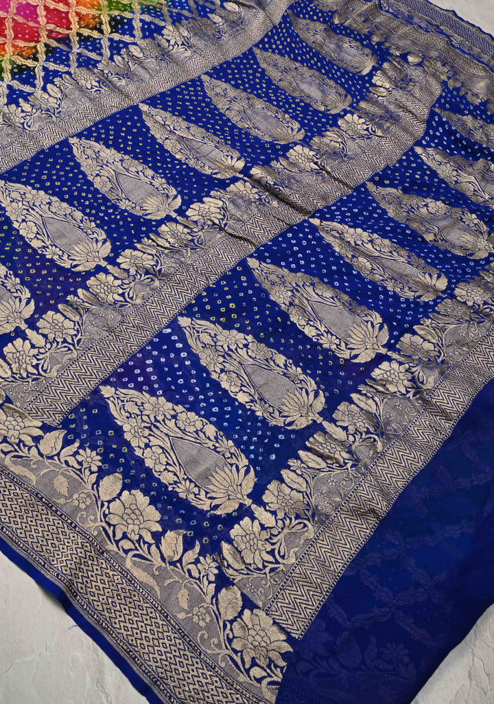 Authentic Rainbow Hand Bandhej Banarasi Jaal Silk Georgette Saree with Blue Pallu Zari Border | SILK MARK CERTIFIED