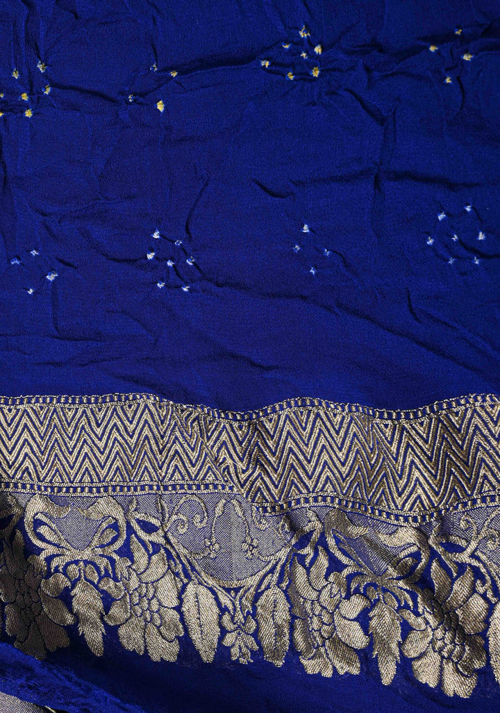 Authentic Rainbow Hand Bandhej Banarasi Jaal Silk Georgette Saree with Blue Pallu Zari Border | SILK MARK CERTIFIED