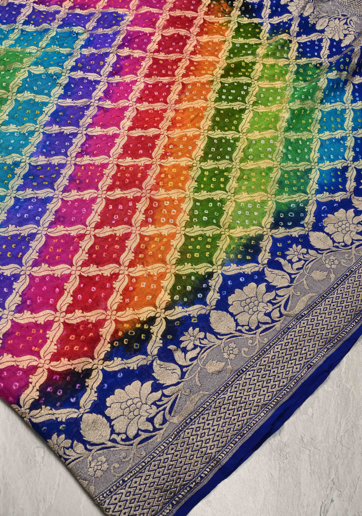 Authentic Rainbow Hand Bandhej Banarasi Jaal Silk Georgette Saree with Blue Pallu Zari Border | SILK MARK CERTIFIED