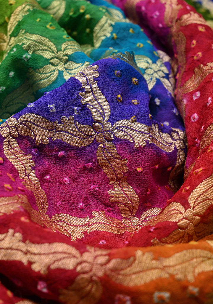 Authentic Rainbow Hand Bandhej Banarasi Jaal Silk Georgette Saree with Blue Pallu Zari Border | SILK MARK CERTIFIED