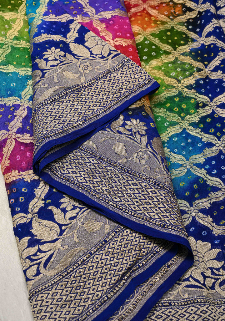 Authentic Rainbow Hand Bandhej Banarasi Jaal Silk Georgette Saree with Blue Pallu Zari Border | SILK MARK CERTIFIED
