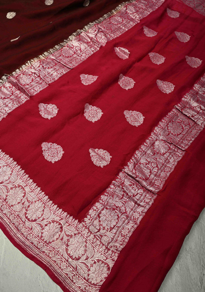 Coco Brown  Banarasi Chiffon Silk Saree with Silver Tone Zari Buttas and Zari Border | SILK MARK CERTIFIED