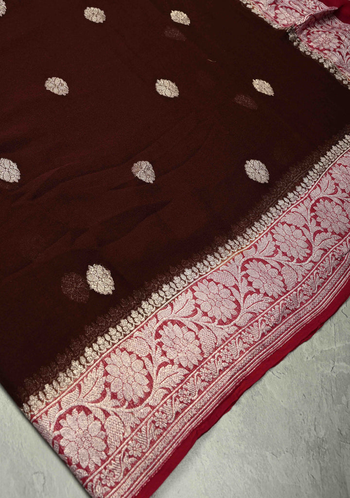 Coco Brown  Banarasi Chiffon Silk Saree with Silver Tone Zari Buttas and Zari Border | SILK MARK CERTIFIED