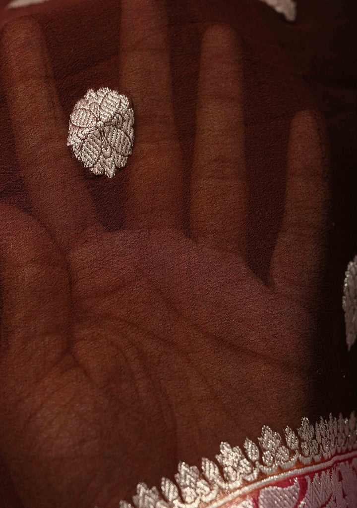 Coco Brown  Banarasi Chiffon Silk Saree with Silver Tone Zari Buttas and Zari Border | SILK MARK CERTIFIED