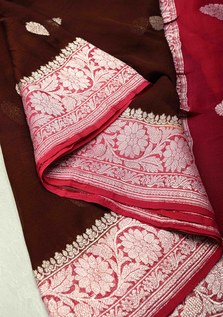 Coco Brown  Banarasi Chiffon Silk Saree with Silver Tone Zari Buttas and Zari Border | SILK MARK CERTIFIED