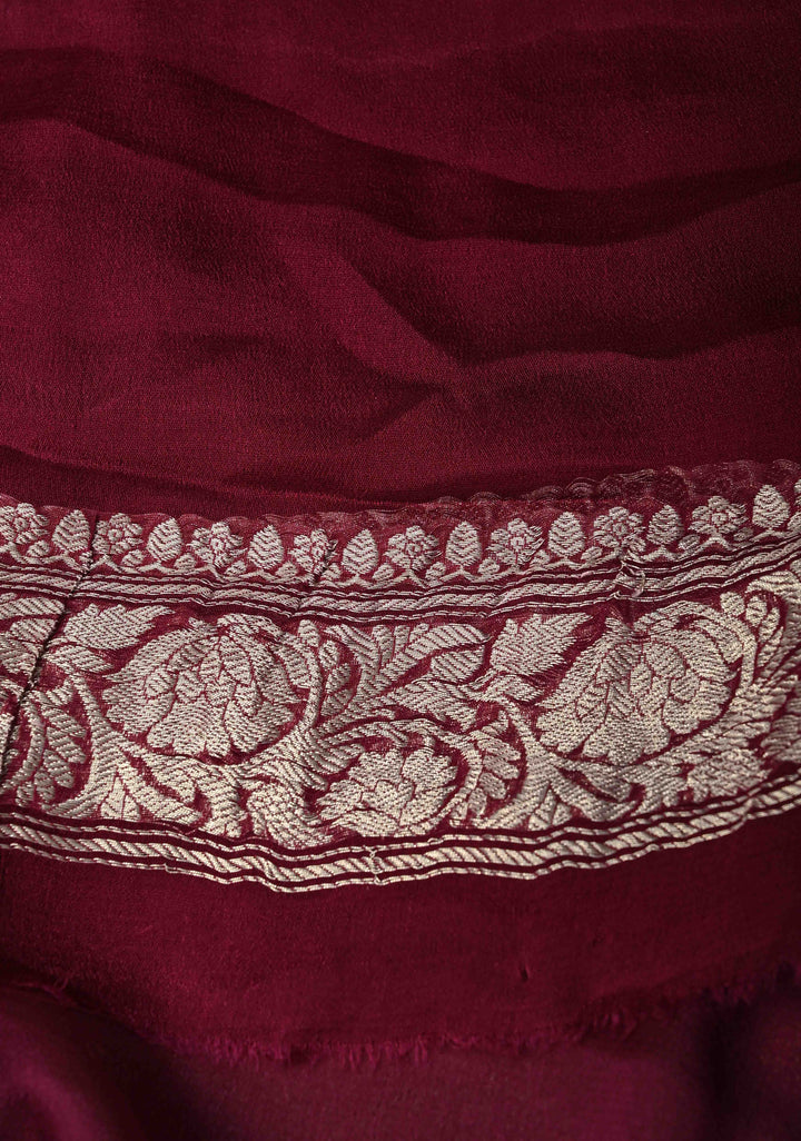 Maroon Banarasi Chiffon Silk Saree with Silver Tone Zari Buttas and Zari Border| SILK MARK CERTIFIED