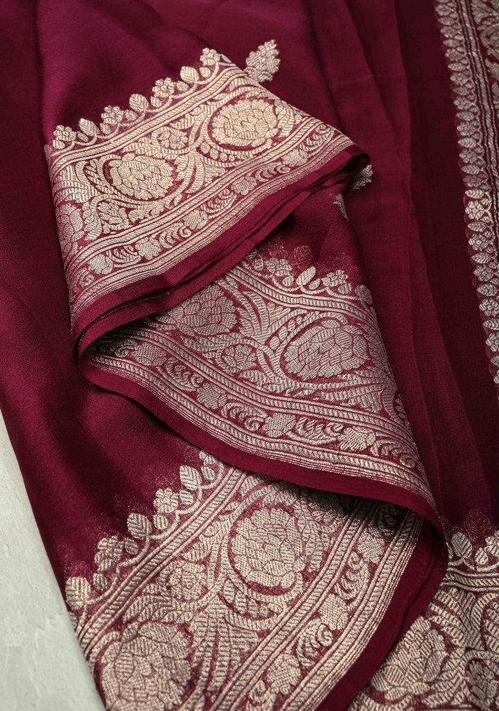 Maroon Banarasi Chiffon Silk Saree with Silver Tone Zari Buttas and Zari Border| SILK MARK CERTIFIED