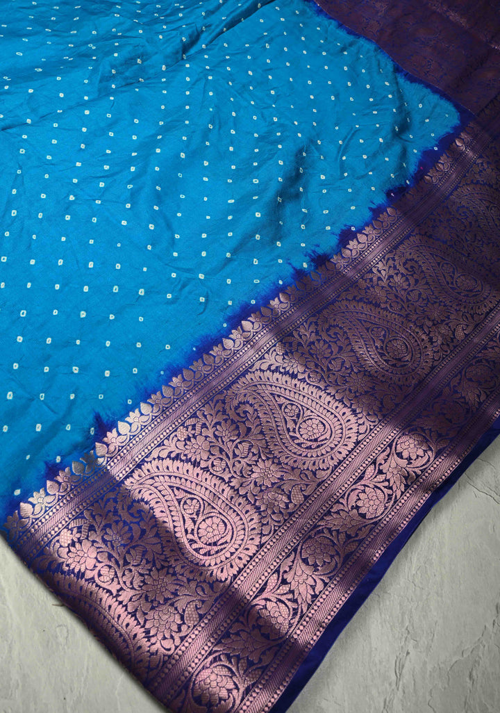 Blue Kanjivaram Fusion Hand Bandhni Saree and Wide Zari Border | SILK MARK CERTIFIED