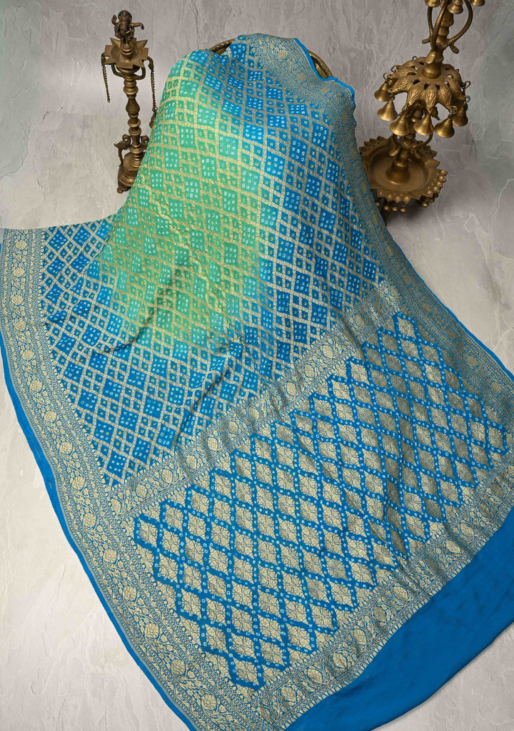 Authentic Hand Bandhej Banarasi Silk Georgette Saree in Green and Blue with Ombre Geometric Diamond pattern | SILK MARK CERTIFIED