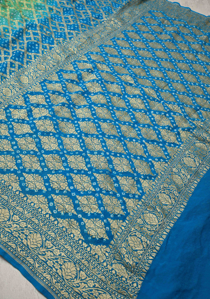 Authentic Hand Bandhej Banarasi Silk Georgette Saree in Green and Blue with Ombre Geometric Diamond pattern | SILK MARK CERTIFIED