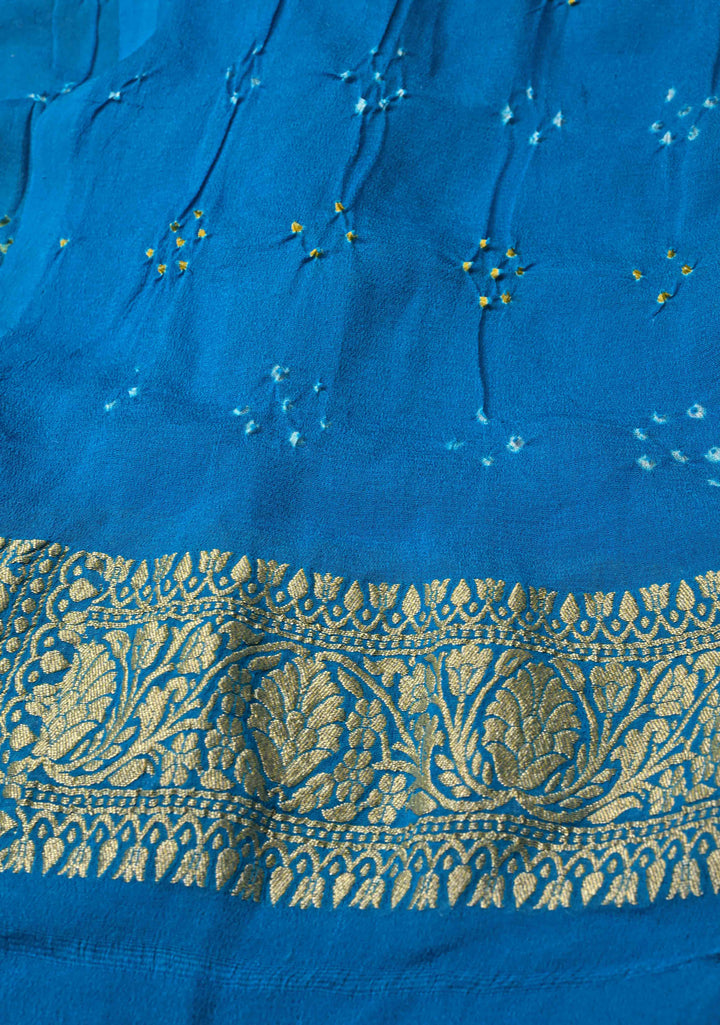 Authentic Hand Bandhej Banarasi Silk Georgette Saree in Green and Blue with Ombre Geometric Diamond pattern | SILK MARK CERTIFIED