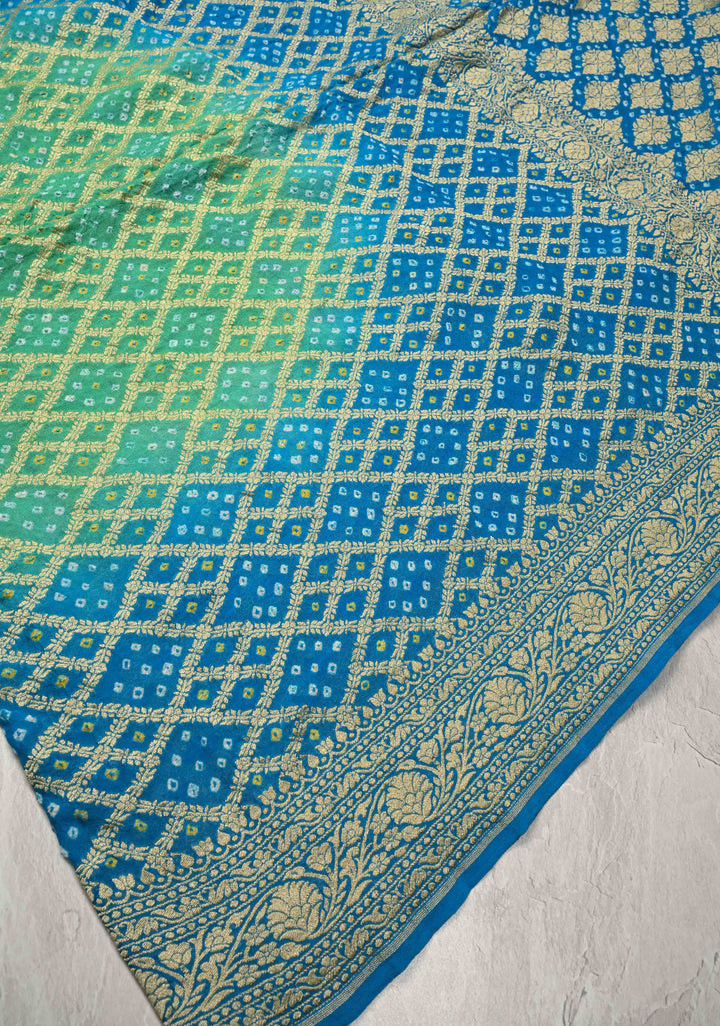 Authentic Hand Bandhej Banarasi Silk Georgette Saree in Green and Blue with Ombre Geometric Diamond pattern | SILK MARK CERTIFIED
