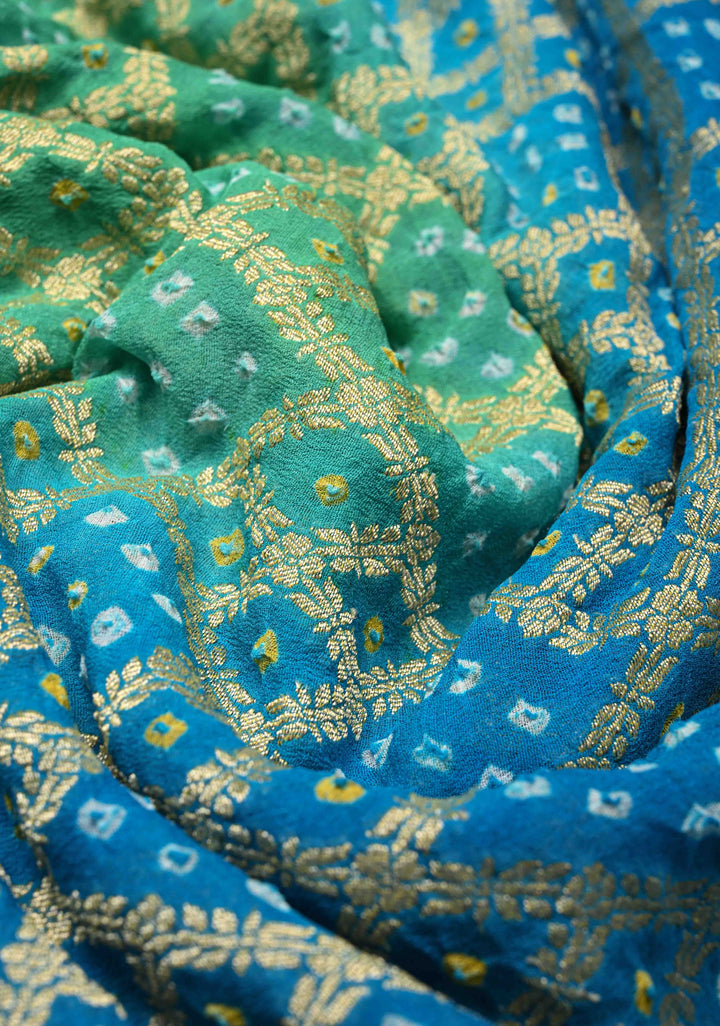 Authentic Hand Bandhej Banarasi Silk Georgette Saree in Green and Blue with Ombre Geometric Diamond pattern | SILK MARK CERTIFIED