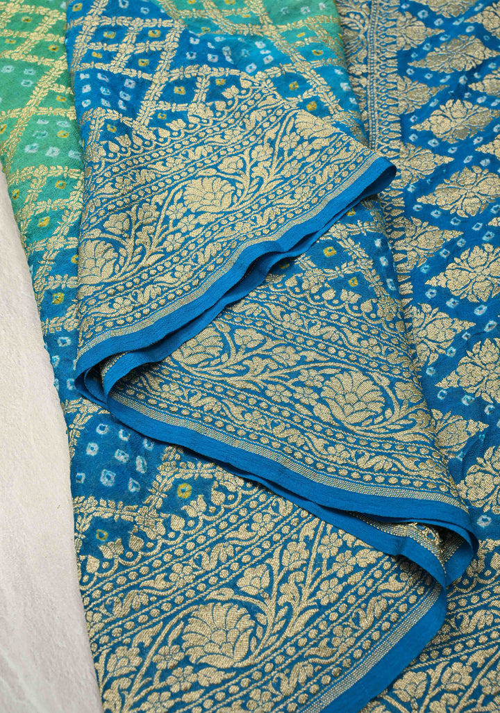 Authentic Hand Bandhej Banarasi Silk Georgette Saree in Green and Blue with Ombre Geometric Diamond pattern | SILK MARK CERTIFIED