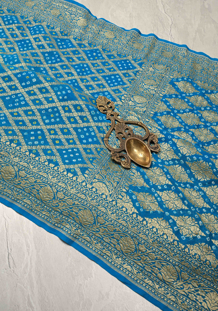 Authentic Hand Bandhej Banarasi Silk Georgette Saree in Green and Blue with Ombre Geometric Diamond pattern | SILK MARK CERTIFIED