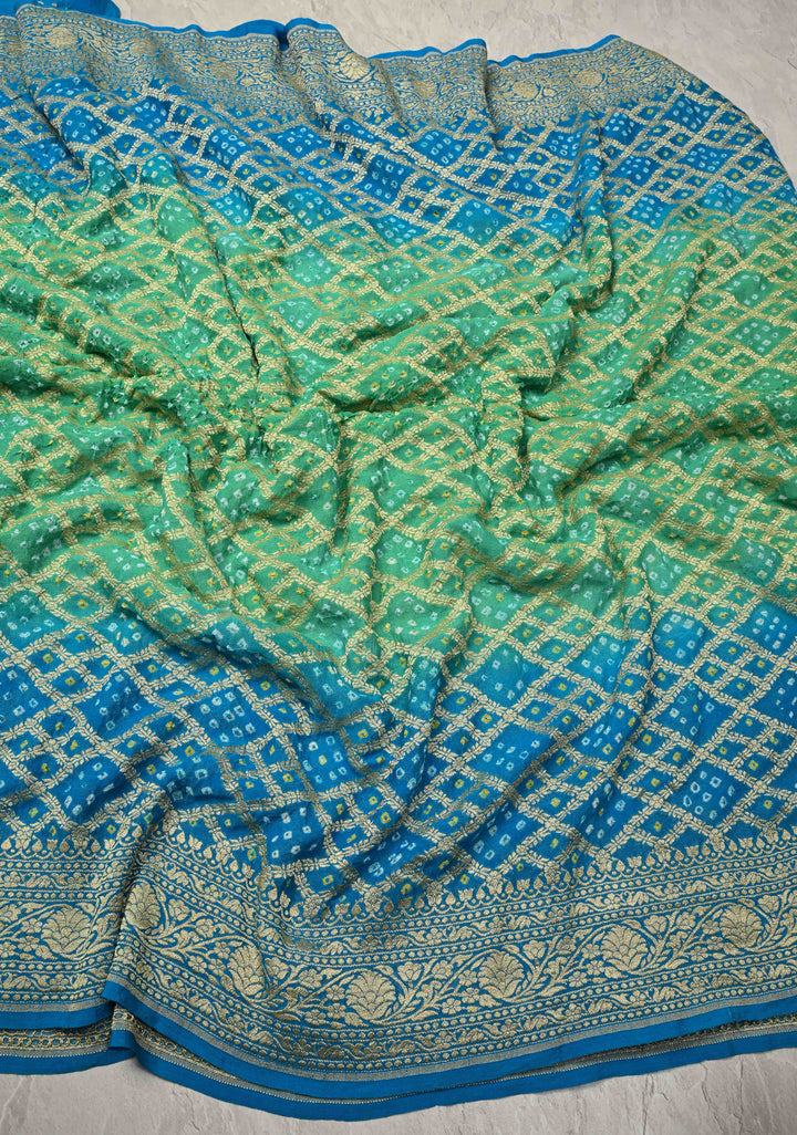 Authentic Hand Bandhej Banarasi Silk Georgette Saree in Green and Blue with Ombre Geometric Diamond pattern | SILK MARK CERTIFIED