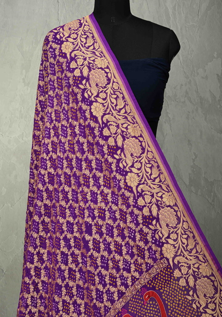 Dupatta: Authentic Bandhej Banarasi Pure Silk Georgette Bright Red Dupatta with Jaal Zari & Peacock Meenakari Pallu | SILK MARK CERTIFIED (Copy)