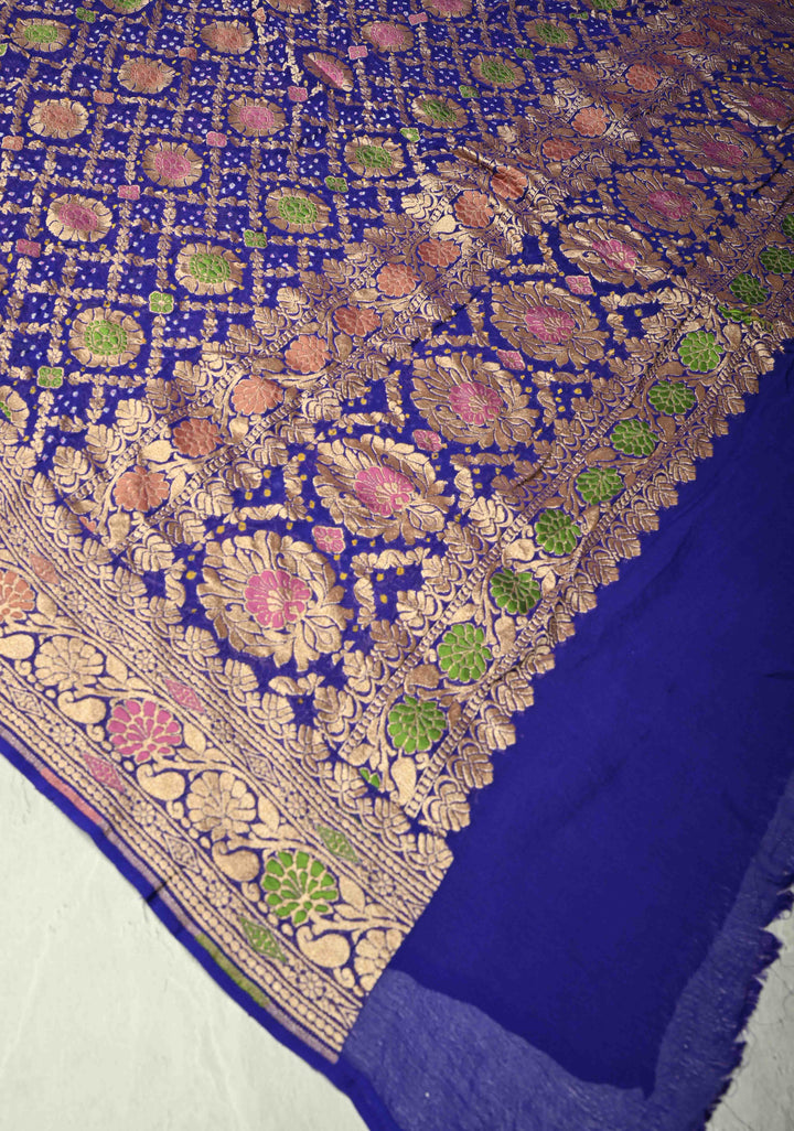 Dupatta - Gharchola Blue Bandhej Banarasi Silk Georgette Dupatta with Meenakari Shikaargah Motifs | SILK MARK CERTIFIED (Copy)