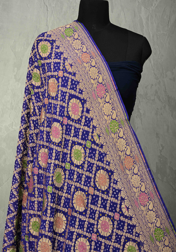 Dupatta - Gharchola Blue Bandhej Banarasi Silk Georgette Dupatta with Meenakari Shikaargah Motifs | SILK MARK CERTIFIED (Copy)