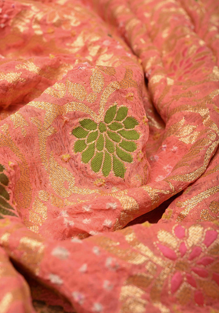 Dupatta - Peach Bandhej Banarasi Silk Georgette Dupatta with Meenakari Floral Motifs and Jaal | SILK MARK CERTIFIED