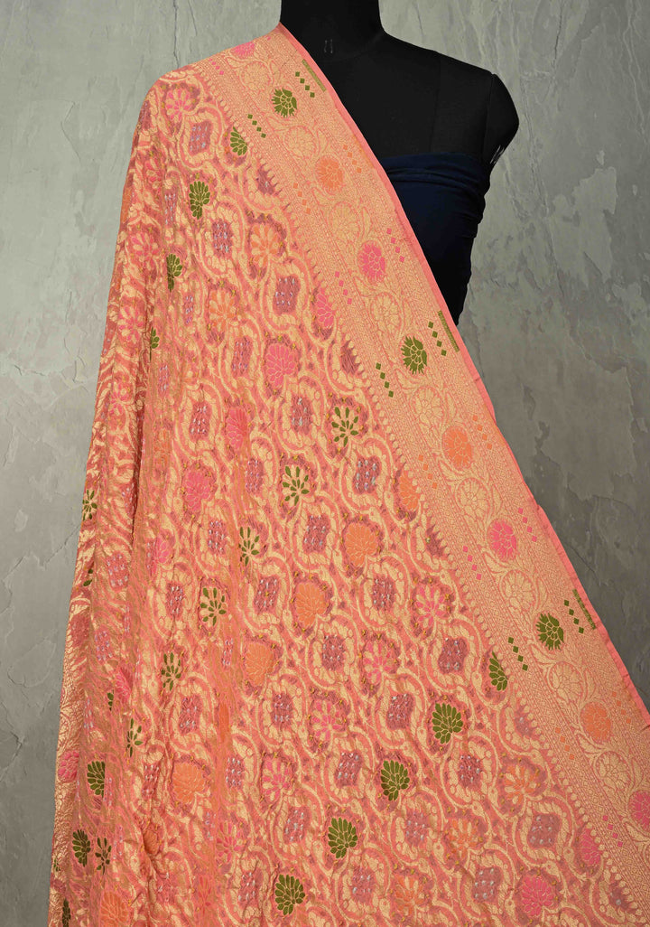 Dupatta - Peach Bandhej Banarasi Silk Georgette Dupatta with Meenakari Floral Motifs and Jaal | SILK MARK CERTIFIED
