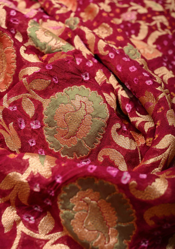 Dupatta - Rani Pink Bandhej Banarasi Silk Georgette Dupatta with Meenakari Floral Motifs and Jaal | SILK MARK CERTIFIED