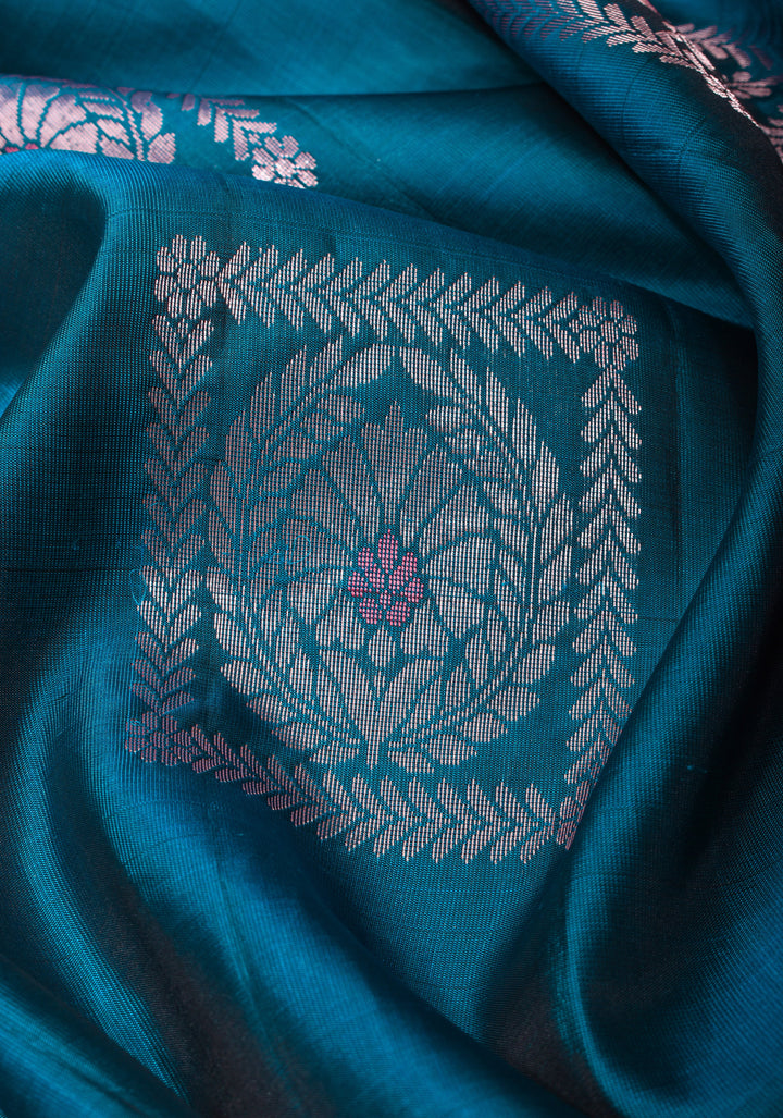 Peacock Blue Meenakari Kanjivaram Soft Silk Saree with Zari Motifs and Zari Border | SILK MARK CERTIFIED