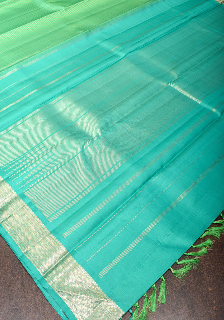 Mint Green Kanjivaram Soft Silk Saree with Horizontal Zari Stripes and Zari Border | SILK MARK CERTIFIED