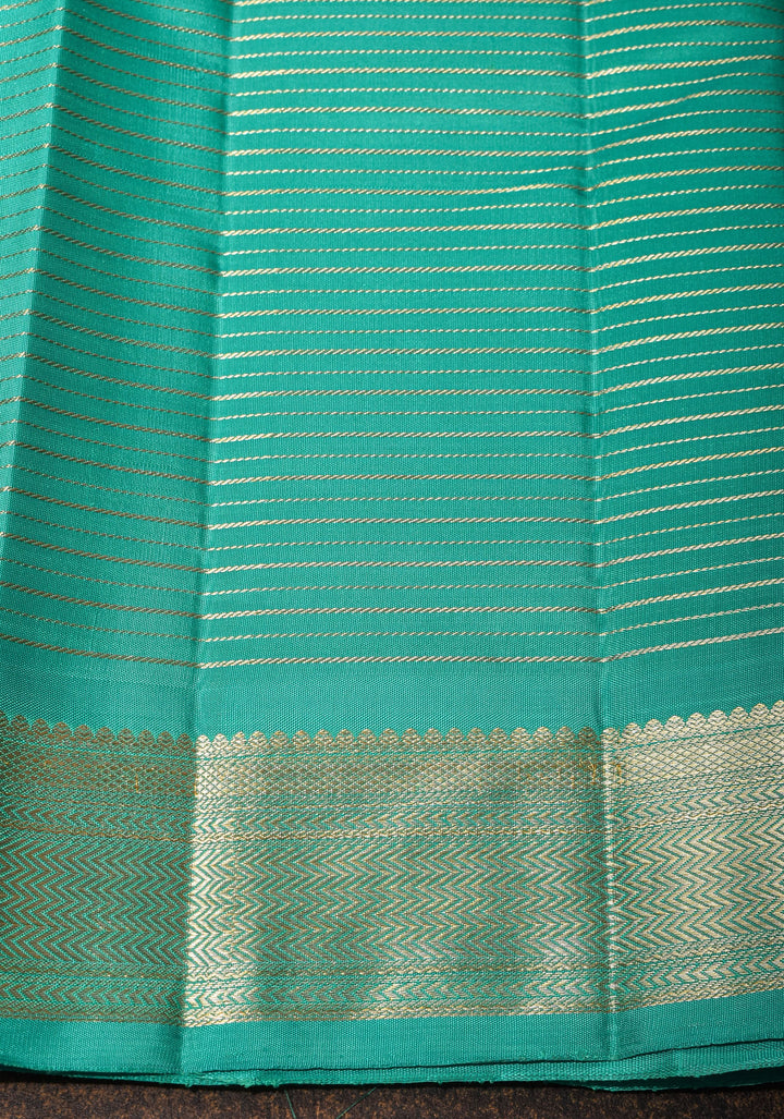 Mint Green Kanjivaram Soft Silk Saree with Horizontal Zari Stripes and Zari Border | SILK MARK CERTIFIED