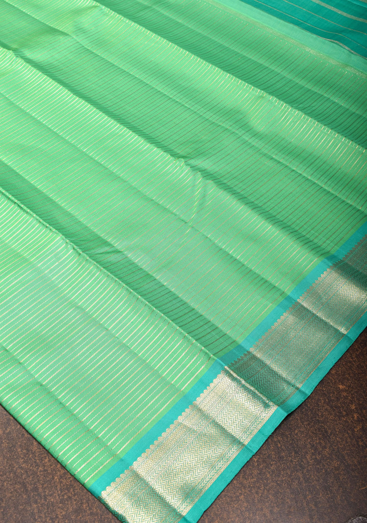 Mint Green Kanjivaram Soft Silk Saree with Horizontal Zari Stripes and Zari Border | SILK MARK CERTIFIED