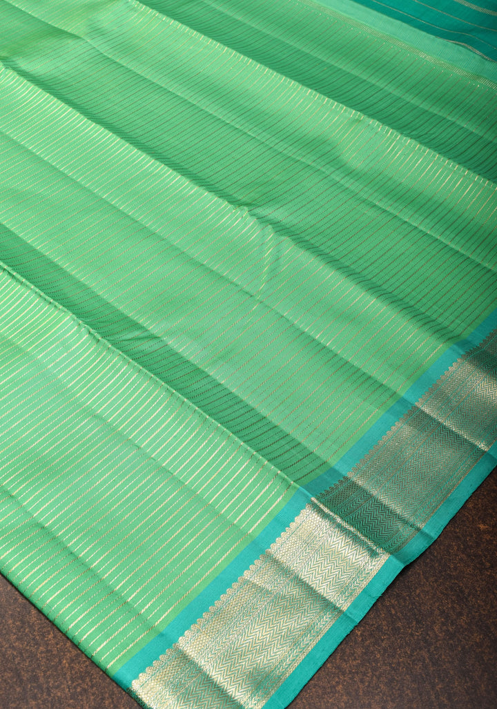 Mint Green Kanjivaram Soft Silk Saree with Horizontal Zari Stripes and Zari Border | SILK MARK CERTIFIED