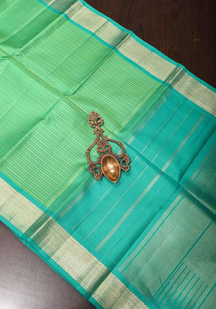 Mint Green Kanjivaram Soft Silk Saree with Horizontal Zari Stripes and Zari Border | SILK MARK CERTIFIED