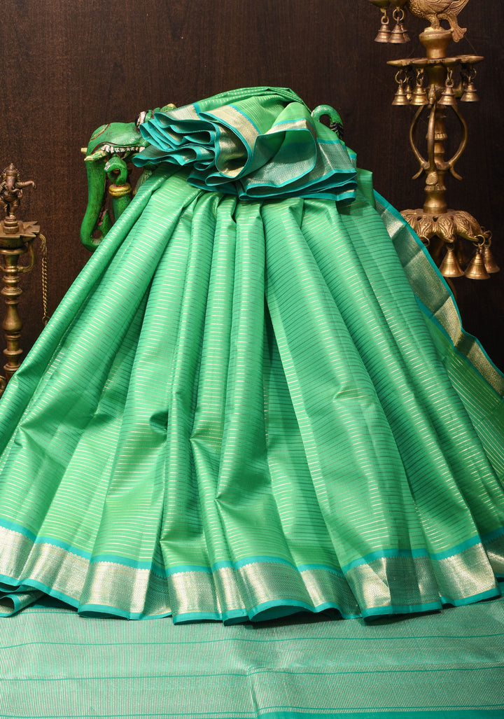 Mint Green Kanjivaram Soft Silk Saree with Horizontal Zari Stripes and Zari Border | SILK MARK CERTIFIED