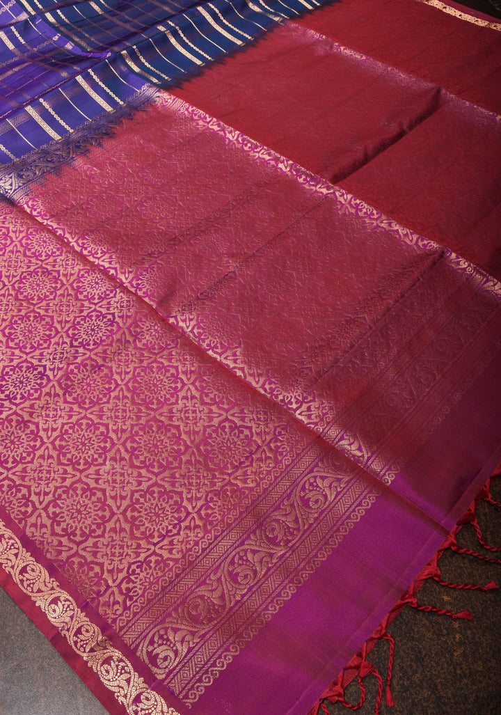 Blue Dual Tone Kanjivaram Soft Silk Saree with Zari Stripes and short width borders | SILK MARK CERTIFIED