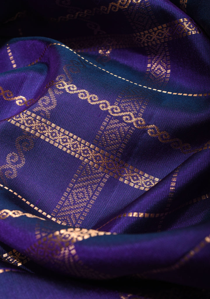 Blue Dual Tone Kanjivaram Soft Silk Saree with Zari Stripes and short width borders | SILK MARK CERTIFIED